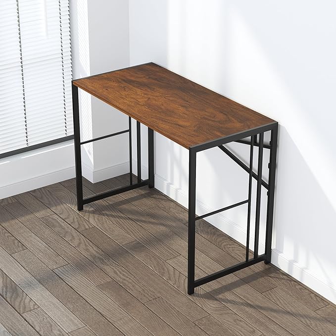 35 inch Folding Small Desk, Writing Gaming Computer Camping Desk for Small Spaces, No Assembly Required Home Office Table, Mahogany-NeatNest