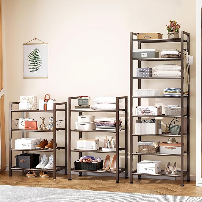 usikey 8 Tiers Narrow Shoe Rack 16-24 Pairs, Sturdy Metal Tall Shoe Rack with 4 Hooks, Slim Shoe Storage Organizer with Metal Shelf, Space Saving Vertical Shoe Shelf for Entryway, Closets, Bronze-NeatNest