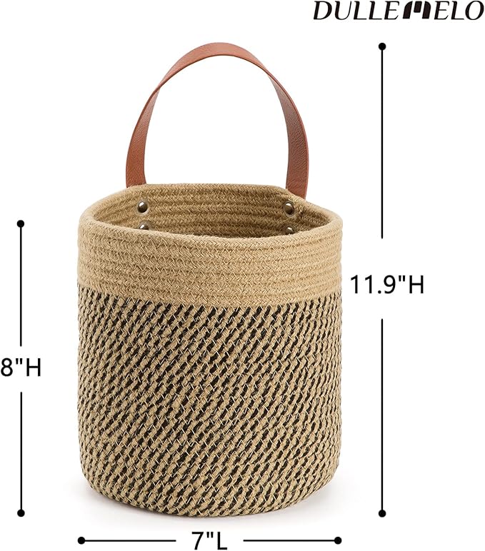 DULLEMELO Wall Hanging Storage Baskets 2 Pack 7"(D) x 8"(H), Small Woven Hanging Baskets With Sturdy Leather, Wall Door Hanging Organizer for Plants,Key,Sunglasses,Wallet (Jute&Black)-NeatNest
