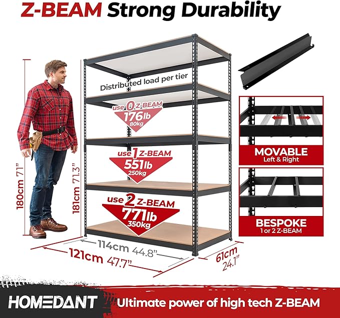 HOMEDANT 5 Tier Laminated Boltless Heavy Duty Garage Storage Adjustable Wide Size Metal Shelving Unit Utility Rack Shelves Organization Shelf Shed Warehouse 47.7" W x 24.1" D x 71.3" H 10Pack-NeatNest