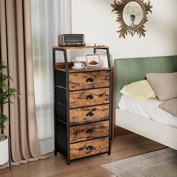 Furnulem Tall 5 Drawers Dresser, Vertical Storage Tower Fabric Dresser for Bedroom, Hallway, Entryway, Nursery, Closet Organizer, Nightstand Bedside Table Furniture, Sturdy Steel Frame, Wood Top-NeatNest