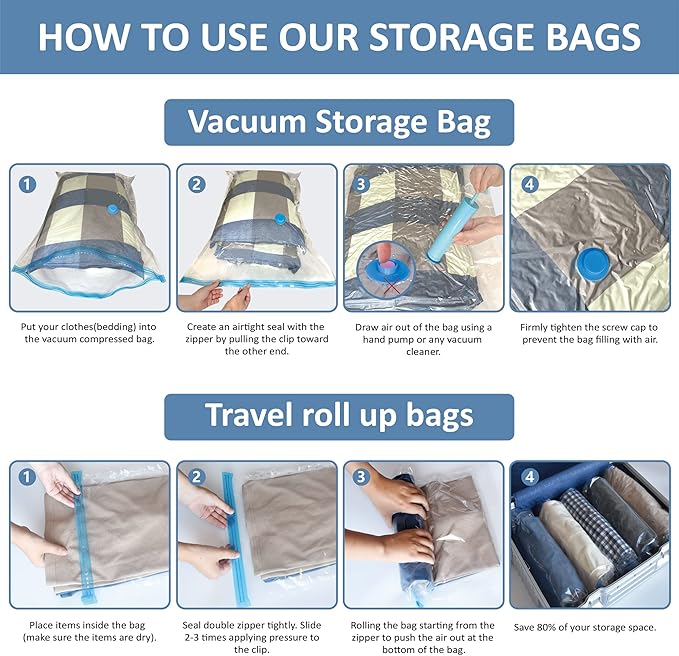 12 Pack Vacuum Storage Bags, Space Saver Vacuum Storage Bags, Vacuum Seal Bags for Clothing, Clothes, Comforters and Blankets, Hand Pump Included-NeatNest