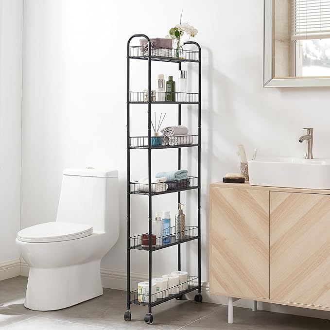 6-Tier Storage Cart Wire Slim Shelving Shelf with Wheels for Small Spaces, Rolling Tall Organizer Storage for Bathroom, Kitchen, Home, Garage, Bedroom, Closet (Black, 6" D)