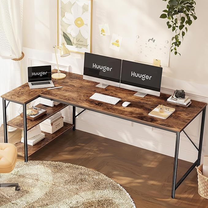 Huuger L Shaped Desk, 63 Inches Computer Desk with Reversible Storage Shelves, for Gaming Corner Home Office Writing Study, Metal Frame, Rustic Brown-NeatNest
