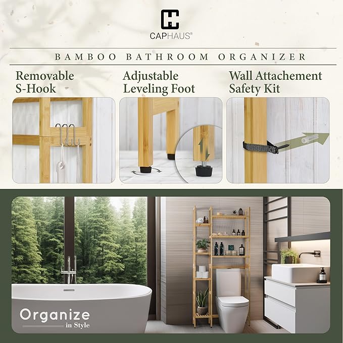 CAPHAUS Over The Toilet Storage Shelf,7-Tier Bamboo Bathroom Organizer Shelf Rack Over Toilet with Adjustable Feet & Hooks, Freestanding Toilet Shelf for Bathroom Laundry Balcony Plant Stand,Natural-NeatNest