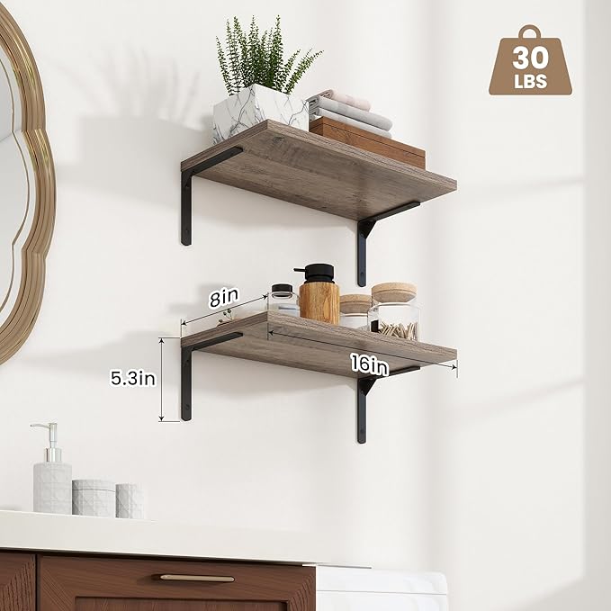 Fun Memories Deep Floating Shelves, 16W x 8D Floating Shelves Set of 2, Wall Mounted Shelf with Metal Brackets, Rustic Wood Wall Shelf for Bathroom, Kitchen and Living Room, Grey-NeatNest