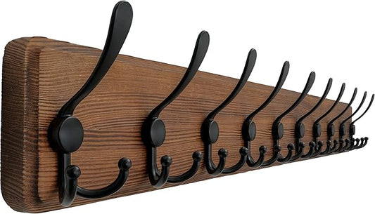 Dseap Coat Rack Wall Mounted - 10 Tri Hooks, 38-1/4" Long, Heavy Duty Wooden Wall Coat Hanger Coat Hook for Clothes Hat Jacket Clothing, Natural & Black