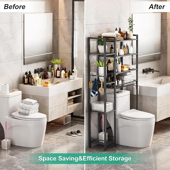 8-Tier Over The Toilet Storage with Side Rack, Over Toilet Storage Rack with Adjustable Shelf & Drain Basket, Freestanding Bathroom Organizer for Balcony, Laundry (Modern Grey)