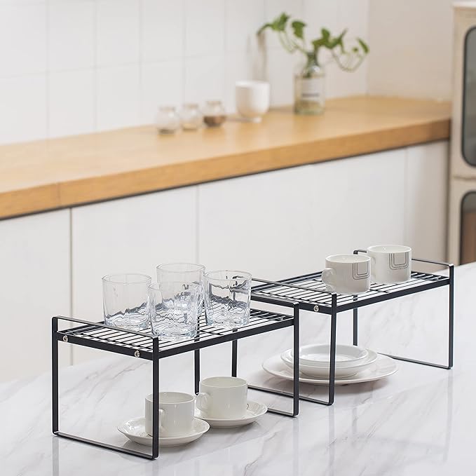 2 Pack Kitchen Cabinet Shelf Counter Organizer Rack Pantry Storage Bathroom Bedroom Office Table Desk Space Saving Steel Frame Stackable Rust Resistant Non Slip Black-NeatNest