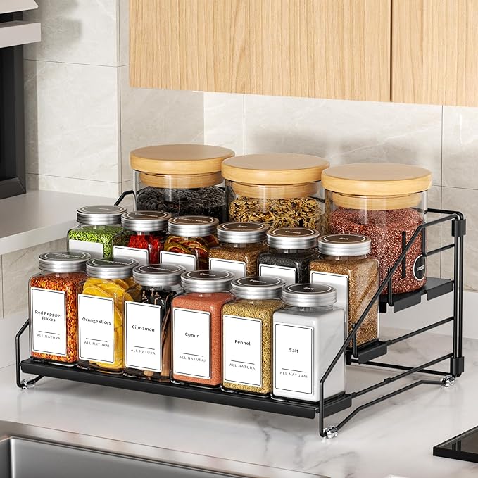 4 Tier Spice Rack for Cabinet, Spice Rack Organizer, Depth Adjustable Spice Holder for Countertop, Cupboard, Pantry, Seasoning Shelf, Metal, Black (1 Pack)