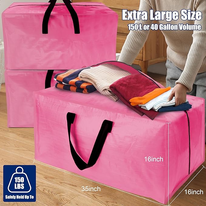 Cosy Family 8 Pack Heavy Duty Extra Large Moving Bags with Backpack Straps - Strong Handles & Zippers, Storage Totes For Space Saving, Fold Flat, Alternative to Moving Box (40 gal, Pink)-NeatNest