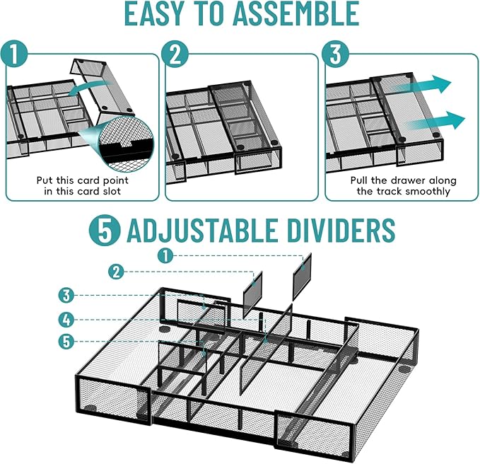 Expandable Desk Drawer Organizer, 10 Adjustable Compartments Mesh Tray with 5 Dividers, Versatile Storage for Office Supplies Makeup Vanity & Jewelry (Black)-NeatNest