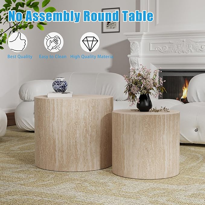 Nesting Coffee Table Set of 2, Modern Round Coffee Table with Non-Slip Feet, Wooden Circle Accent Tables for Small Spaces Living Room Bedroom Balcony Office Drum Side Table (C Travertine)