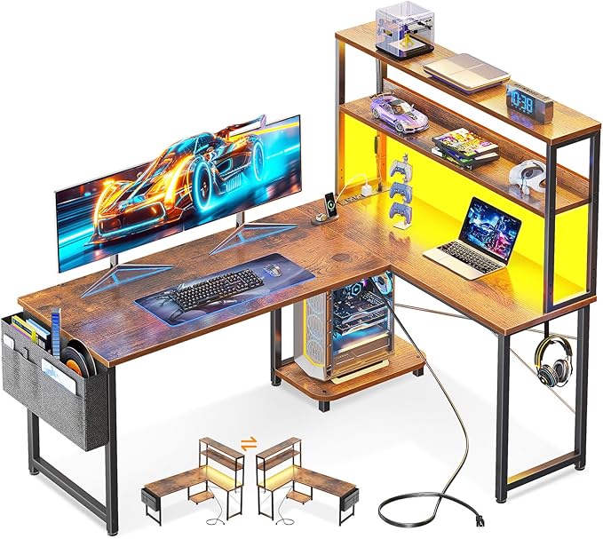 Casaottima Gaming Desk with Power Outlets & LED Lights, 53 Inch Reversible L Shaped Computer Desk with Shelves & Storage Bag, Corner Desk for Home Office, Vintage-NeatNest