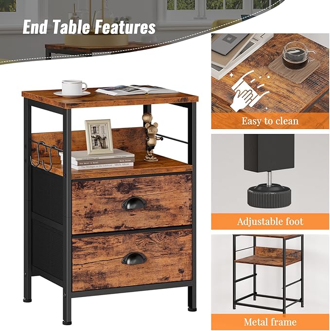 Furologee Nightstands Set 2, Bedside Table with 2 Fabric Drawers, End Table with Hooks and Shelf, Side Table for Bedroom/Living Room/Study/Hallway/Brown