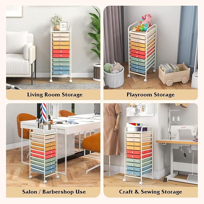 Giantex 10-Drawer Rolling Storage Cart w/Wheels, Handle, Removable Drawers, Mobile Organizer Storage Unit, Trolley Utility Cart for Home Kitchen Makeup Living Room Office Play Room