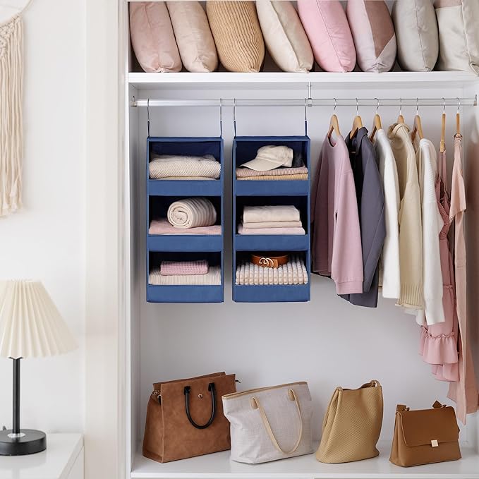 GRANNY SAYS 3-Shelf Closet Organizers and Storage, Foldable Hanging Closet Organizer, Closet Hanging Shelves with 2 Metal Hooks, Leak-Proof Hanging Organizer for Closet, Navy, 2-Pack-NeatNest