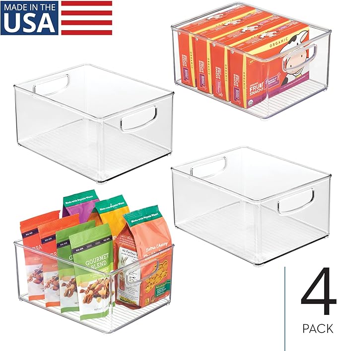 InterDesign iDesign Plastic Stackable Pantry Bin - Organizer Bin with Handles for Cabinets or Fridge - Set of 4 - Clear