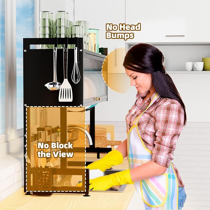 Over The Sink Dish Drying Rack, 3 Tier Over The Sink Dish Drainer Drying Rack with Cover for for Dishes, Glasses, Bowls and Cutlery, Dish Drainers Organizer for Kitchen Counter Storage