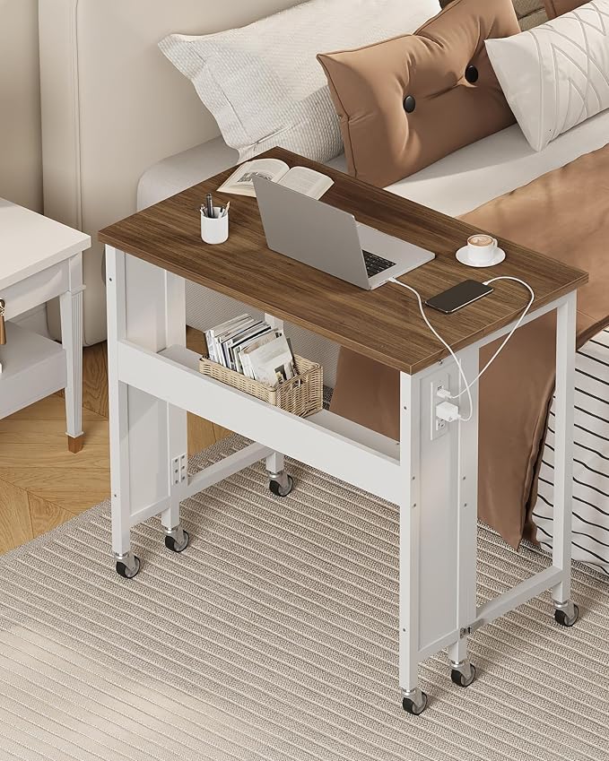 31.5" Modern Folding Computer Desk with Power Outlets, Wheels, Storage, Perfect for Small Spaces Rustic Brown and White TDN01UWL-NeatNest