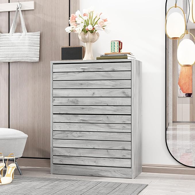 Shoe Cabinet with 2 Flip Drawers, Shoe Storage Organizer with 2-Tier Shelf for Entryway, Freestanding Shoe Rack Storage Organizer, Light Grey-NeatNest
