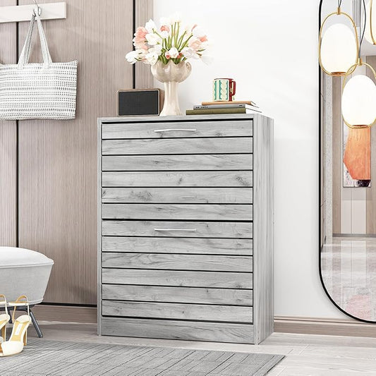 Shoe Cabinet with 2 Flip Drawers, Shoe Storage Organizer with 2-Tier Shelf for Entryway, Freestanding Shoe Rack Storage Organizer, Light Grey-NeatNest