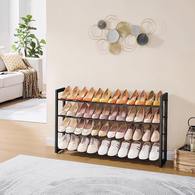 FAVOOSTY 4-Tier Expandable Shoe Rack, Adjustable Shoe Shelf Storage Organizer Space Saving Metal Free Standing Shoe Rack for Entryway Closet Doorway, Black-NeatNest