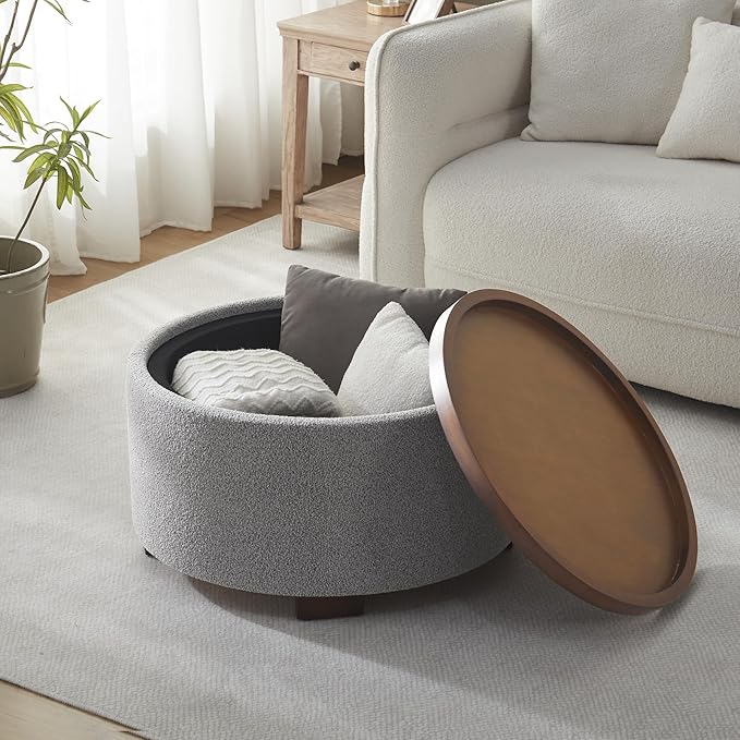 30 Inch Round Storage Ottoman Coffee Table, Modern Boucle Ottoman with Lift-Off Lid and Solid Wood Legs for Living Room, Bedroom, Corners, Apartments (Light Grey)