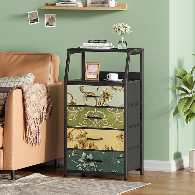 Furnulem Retro Dresser for Bedroom, Small Dresser for Closet, Vintage Nightstand with 4 Drawers, Fabric Storage Organizer Bedside Table Side Furniture, Metal Frame, Wood Top-NeatNest