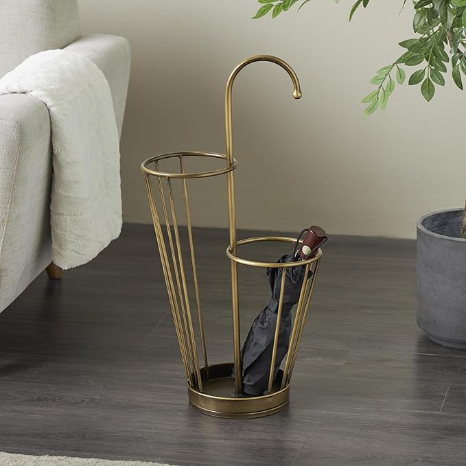 Deco 79 Metal Umbrella Stand 2 Section with Umbrella Shaped Handle, 13" x 8" x 27", Gold-NeatNest