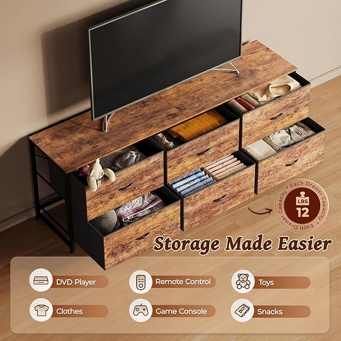 Huuger 63 Inch Long Dresser for Bedroom, Wide TV Stand for 55, 65, 70 Inch TV, 6 Drawer Dresser for Closet with Fabric Drawers, Storage Organizer for Bedroom, Entryway, Rustic Brown-NeatNest