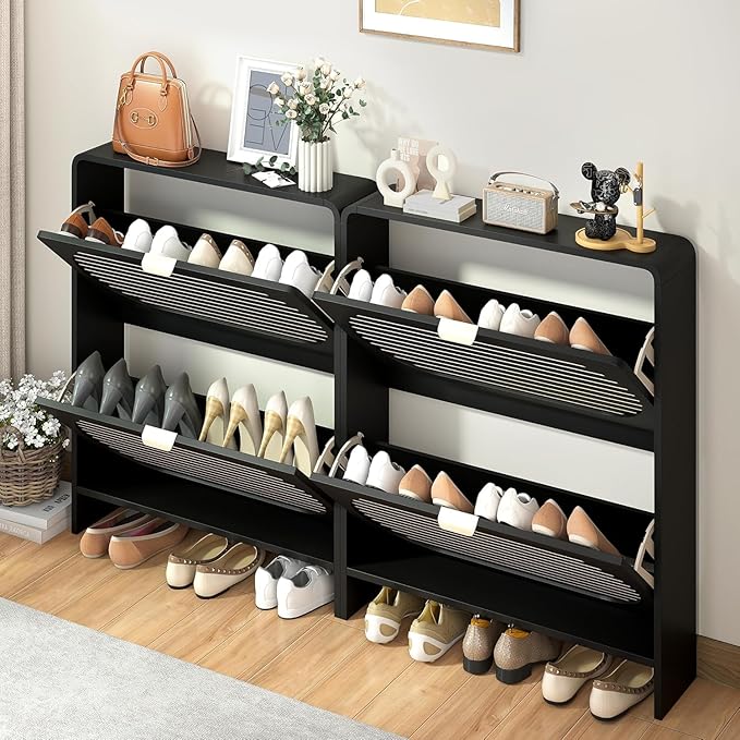 Narrow Shoe Cabinet for Entryway with 2 Flip Drawers, Curved Shoe Storage Cabinet with Stripe Panel, Freestanding Wooden Shoe Organizer Farmhouse Closed Shoe Rack for Hallway, Foyer(Black)-NeatNest