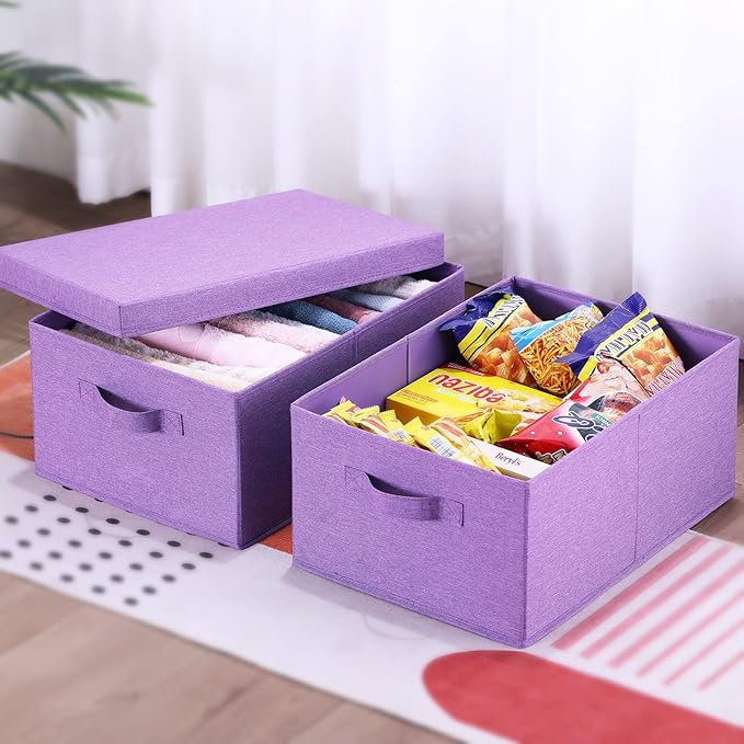 HOONEX Foldable Storage Bins with Lids, Pack of 2, Storage Boxes with 2 Carrying Handles and Sturdy Heavy Cardboard, 16.5" L x 11.8" W x 7.5" H for Shoes, Books, Clothes, Purple-NeatNest