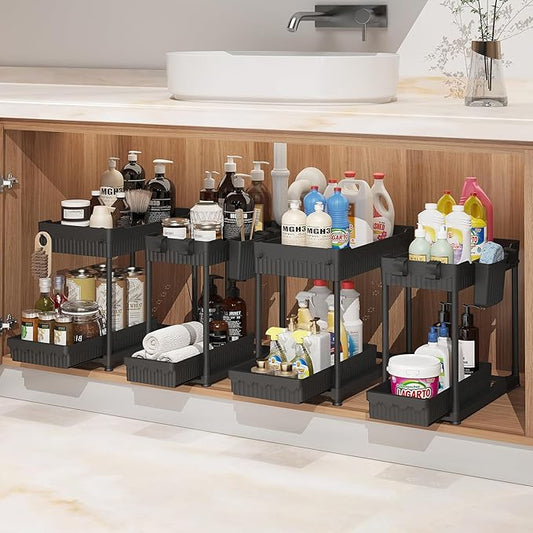 4 Pack Under Sink Organizer, Bathroom Organizers and Storage, 2 Tier Multi-Use Pull Out Cabinet Organizer with Hang Hooks and Cups (Black, 4 Pack)-NeatNest