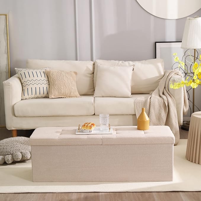 CUYOCA Shoe Storage Ottoman Foldable Seat Footrest Tufted Bench End of Bed Storage with Flipping Lid, 166L Storage Upholstered , Linen Fabric Beige, 45.3 Inches-NeatNest