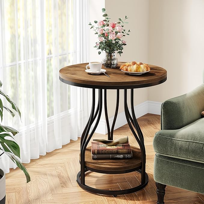 Tribesigns Round Side End Table 2-Tier End Tables Modern Bedside Table Small Chirside Tables with Storage for Couch Side, Nightstand with Metal Frame for Living Room (1, Brown+Black)