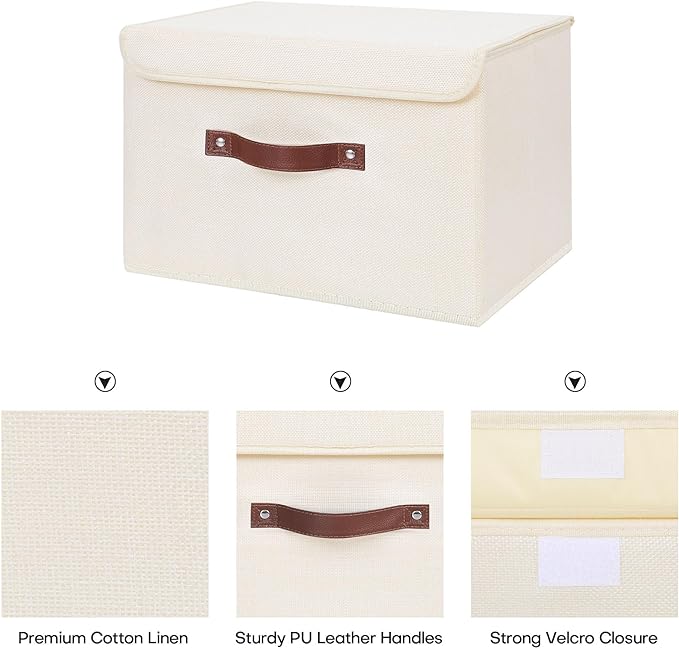 ANMINY 4PCS Storage Bins with Lid PU Leather Handles Storage Boxes PP Plastic Board Decorative Foldable Lidded Cotton Linen Fabric Home Cubes Baskets Closet Organizer Containers - Beige, Large Size-NeatNest