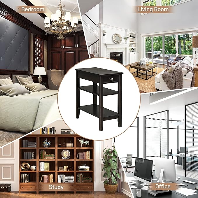 Giantex Set of 2 End Table with Drawer, Narrow Side Table with 2-Tier Open Storage Shelves, Slim Compact Bedside Nightstand for Living Room Bedroom Small Space, Espresso