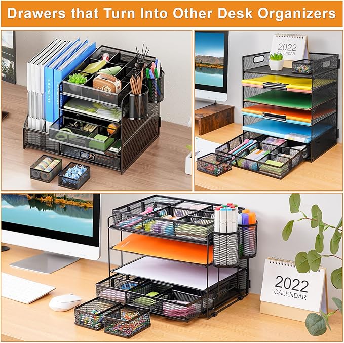 Marbrasse 3 Packs Desk Drawer Organizers, Metal Mesh Dividers Desk Drawer Organizer Tray with 9 Adjustable Compartments, Pen Organizer for Drawer Tray Box Accessories for Desktop,Kitchen, Makeup-NeatNest