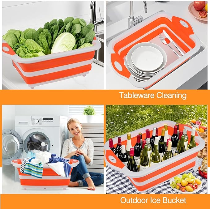 Collapsible BBQ Prep Tub/Cutting Board 10L, Foldable Dish Tub with Colander, Portable Camping Sink, Multifunction Dishing Basin Bucket Wash Tub for Kitchen Fruit Vegetable Picnic (Orange)-NeatNest