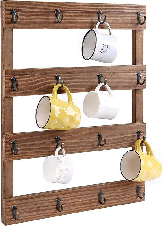 16 Hooks Rustic Pine Wood Coffee Mug Holder 24 x 18 inches Wall Mounted Cup Display Organizer for Home, Kitchen Storage Brown-NeatNest