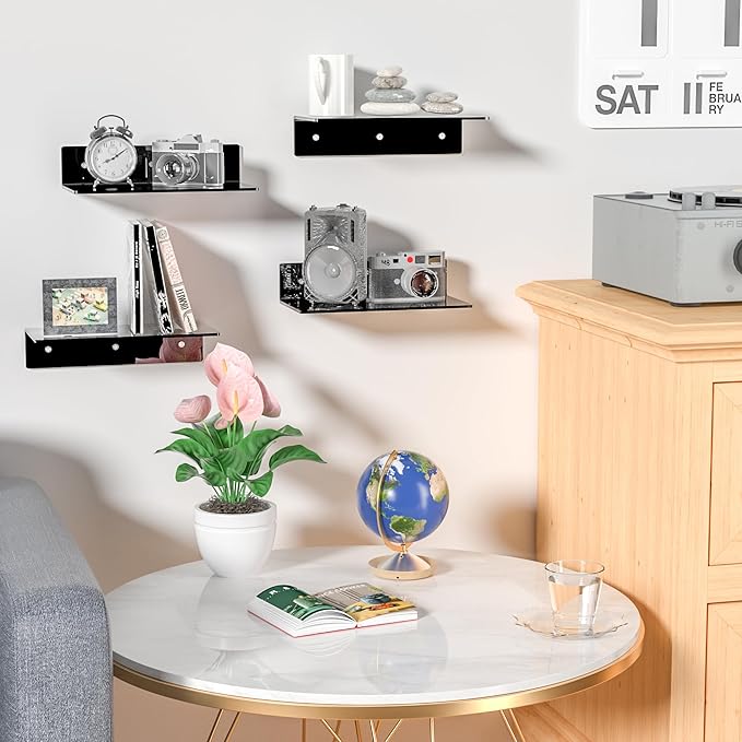 12 Inches Black Wall Shelves Set of 4, Acrylic Floating Shelf for Wall, Wall Mounted Display Shelf for Bedroom, Living Room, Funko Pop Shelves, Smart Speaker, 4 Pack-NeatNest
