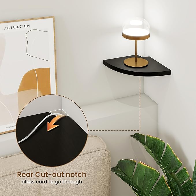 Fun Memories Corner Shelf Wall Mount, Solid Oak Wood Floating Corner Shelves with Cable Hole, 7in Rustic Design for Bedroom, Bathroom, Kitchen, Living Room (Black, 1 Pack)-NeatNest
