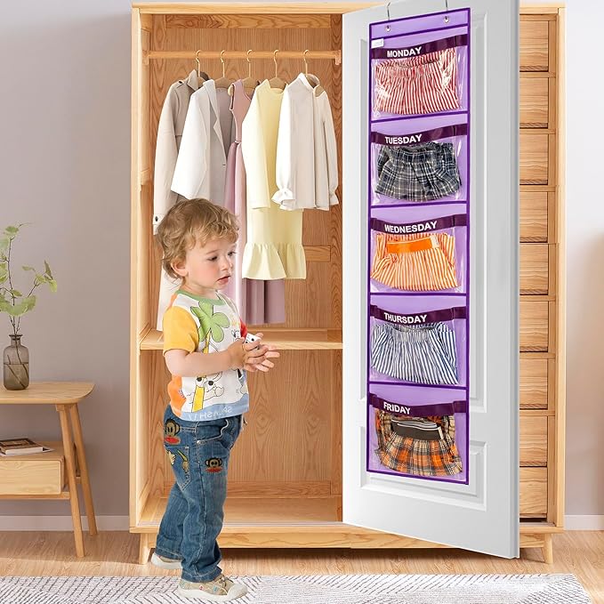 Day of Week Kids Clothes Organizer Weekly Hanging Closet Organizer Monday to Friday School Clothing Storage (PURPLE)-NeatNest