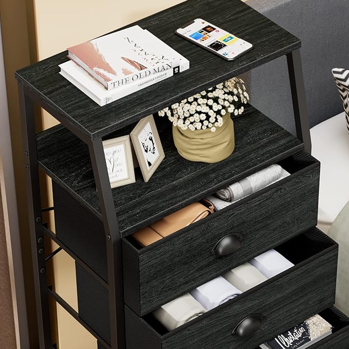 Furnulem Tall 4 Drawers Dresser, Vertical Storage Tower Black Dresser for Bedroom, Hallway, Entryway, Nursery, Closet Organizer, Nightstand Bedside Table Furniture, Sturdy Steel Frame, Wood Top-NeatNest
