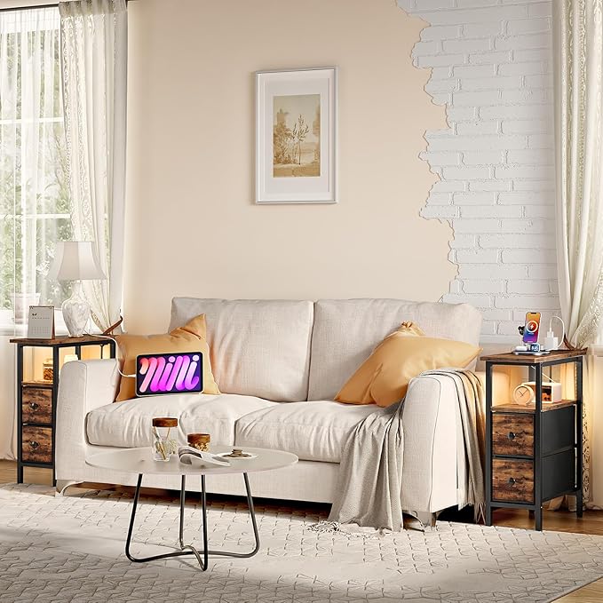 HOOBRO Narrow Side Table Set 2 with LED Light and USB C Port, Night Stand with Charging Station, Skinny End Table with 2 Fabric Drawers, for Bedroom, Living Room, Rustic Brown and Black BF487UDBZP201
