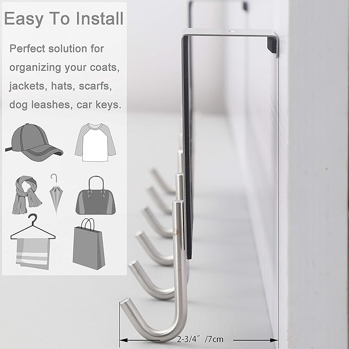 WEBI Over The Door Hooks Door Hanger,Over The Door Towel Rack with 6 Hooks for Hanging,Over Door Coat Rack for Clothes,Back of Bathroom,Brushed Nickel,2 Packs