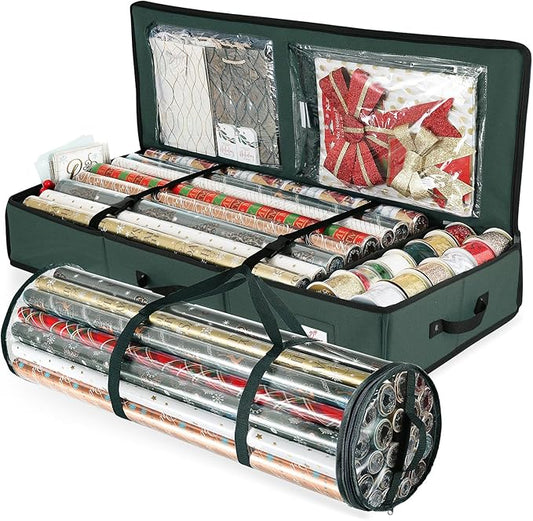 Hearth & Harbor Wrapping Paper Storage Container and Clear Wrap Paper Holder - Christmas Storage Bag with Interior Pockets - Fits Up to 36 Rolls of 40" - Tear Proof, Green-NeatNest
