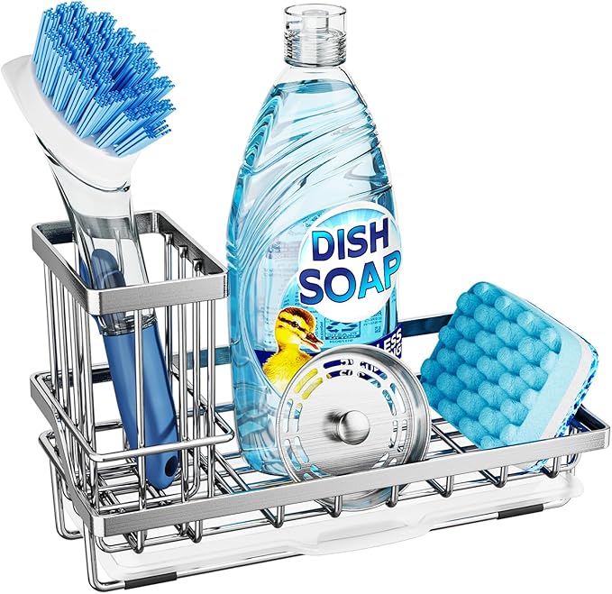 Consumest Sink Caddy, Kitchen Sponge Holder with Dish Brush Holder, Kitchen Organizer with Drip Tray for Countertop, Stainless Steel Rustproof - Silver-NeatNest