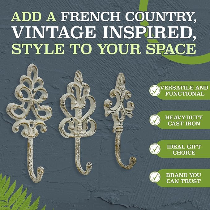 3 Pack Fleur De Lis Hooks – Vintage Cast Iron Wall Mount for Coats, Bags and Towels – Rustic French Country Decor, Heavy Duty & Easy to Install – 8”